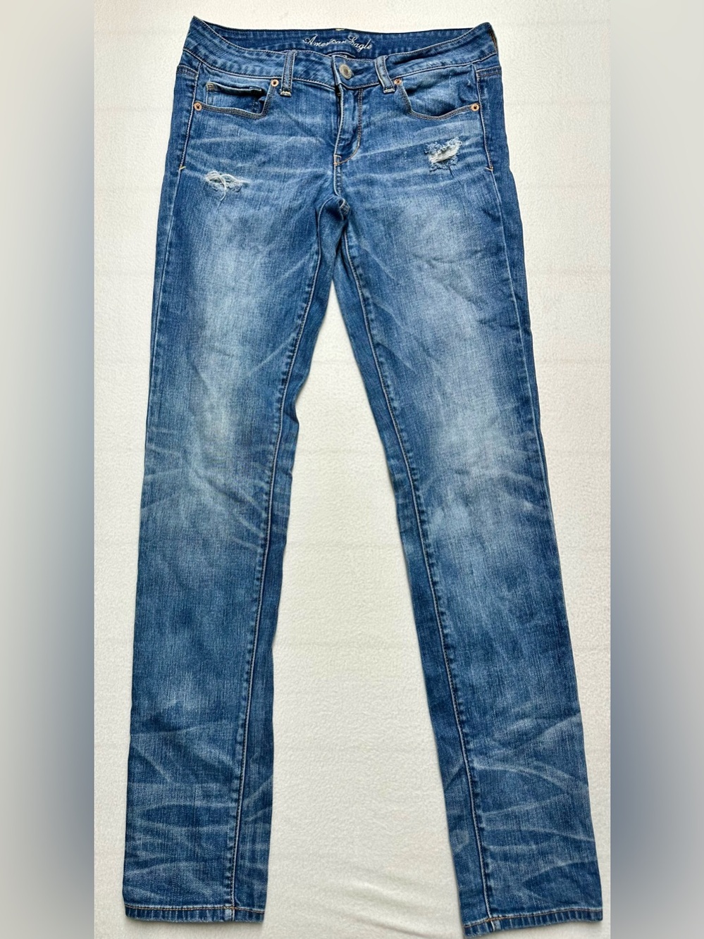 American Eagle Womens Jeans Size 8 Long Low Rise Distressed Bootcut Blue Y2K